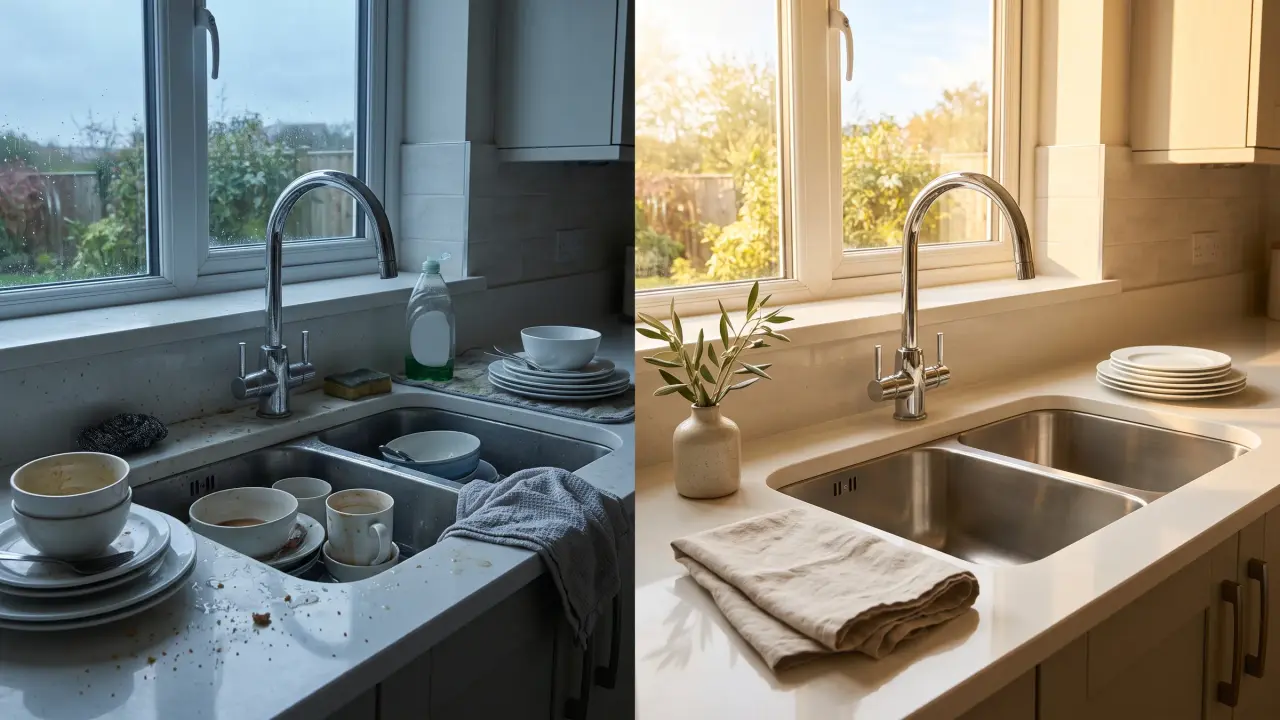 Before and after photo of a kitchen sink cleaned during a recurring house cleaning in a Collin County, TX home and Dallas, TX home