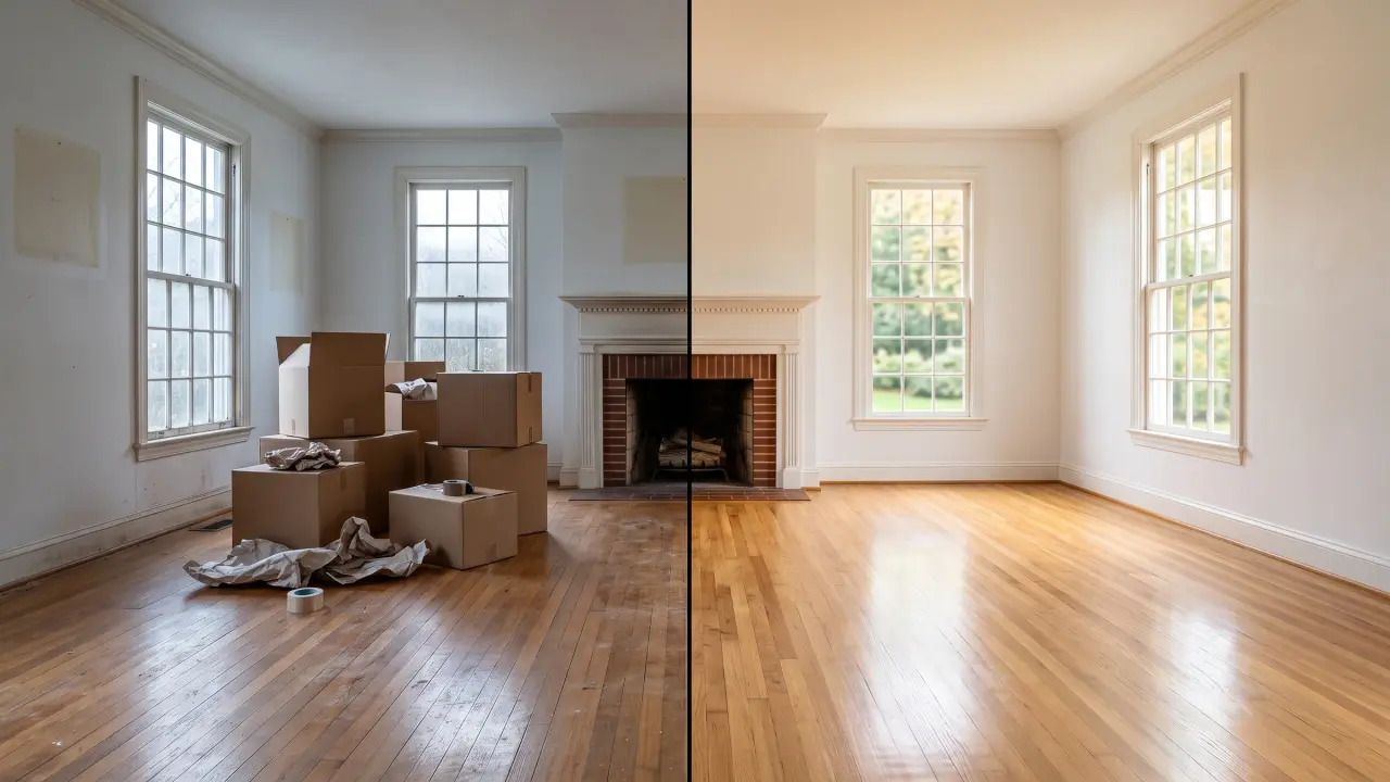 Living room before and after move-out cleaning in Collin County and Dallas County, TX