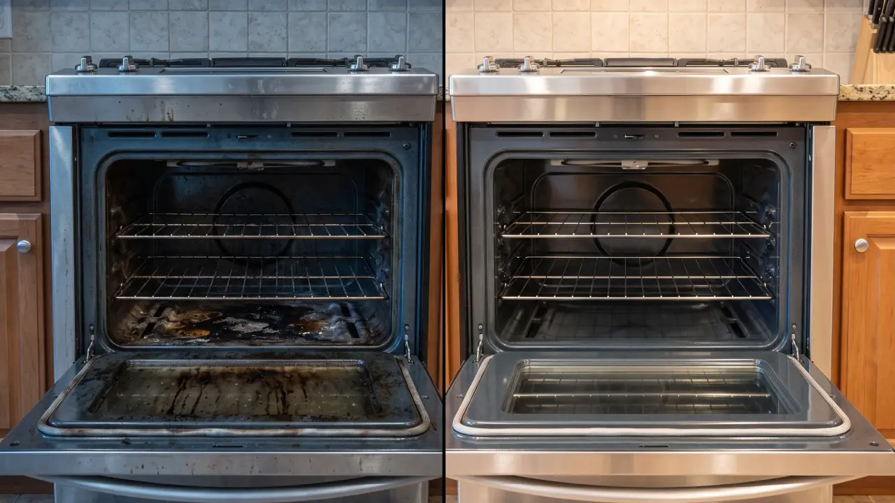 Oven interior before and after deep cleaning service in Collin County and Dallas County, TX