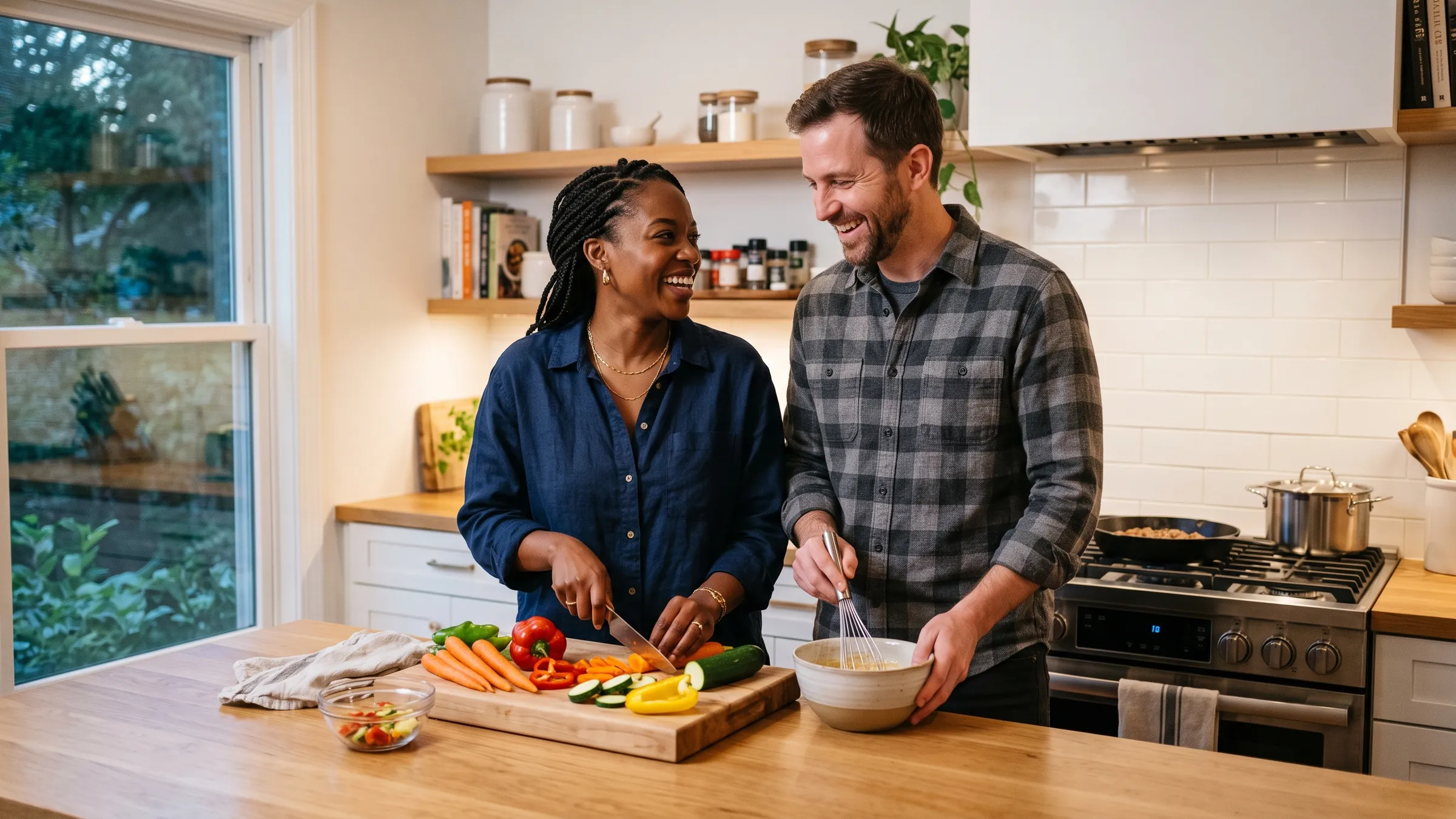 Couple cooking together in a clean kitchen after recurring house cleaning in Collin County and Dallas County, TX