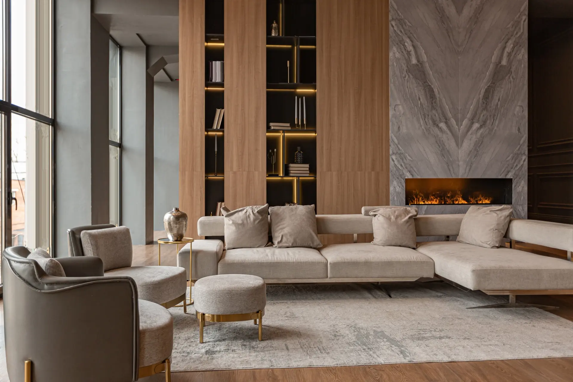 Clean, organized living room with a sectional sofa and fireplace in a Collin County, TX home